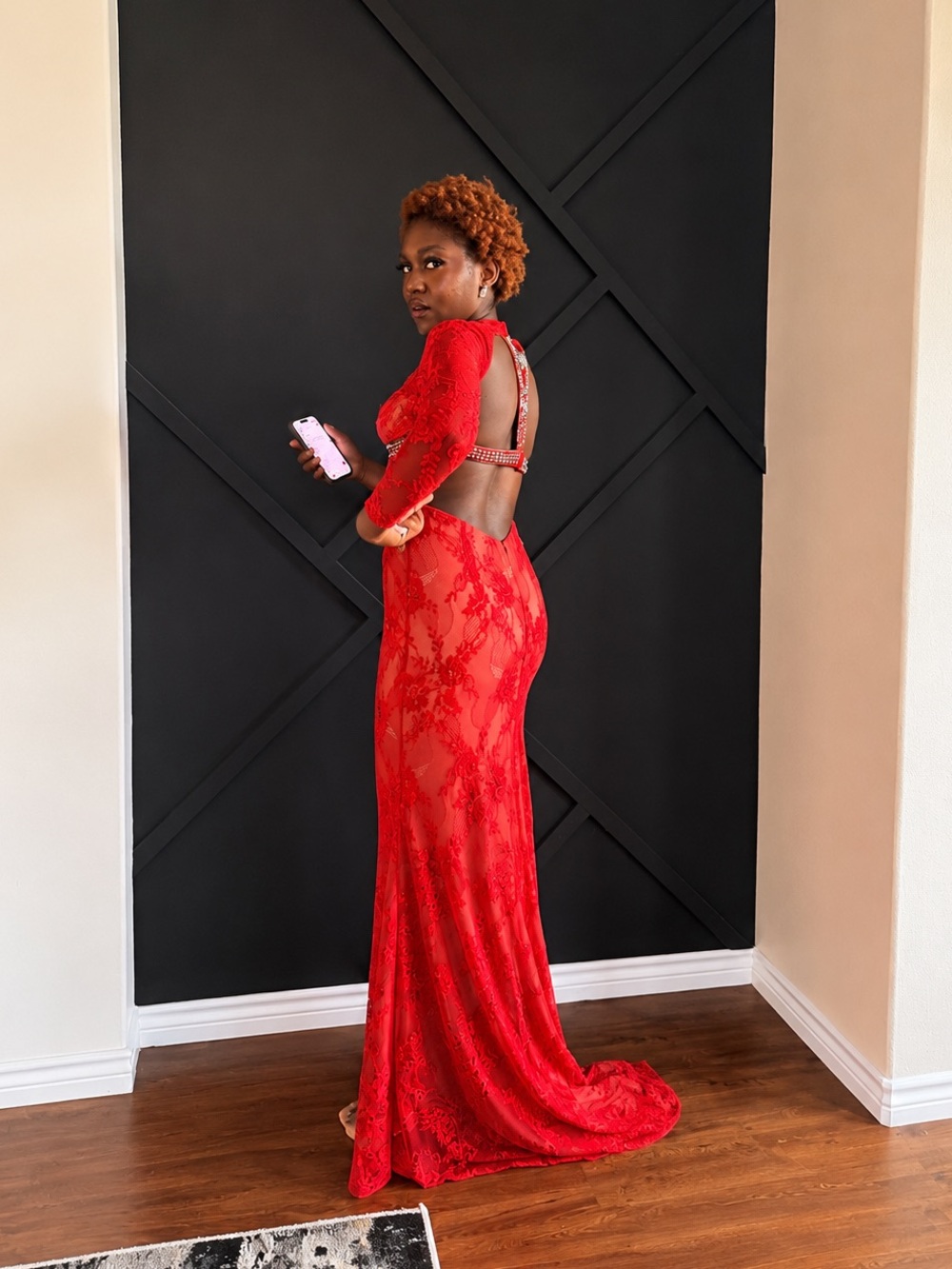 Sherri Hill Red Lace Long Sleeve Bejeweled Waist Gown - Picture 2 of 2